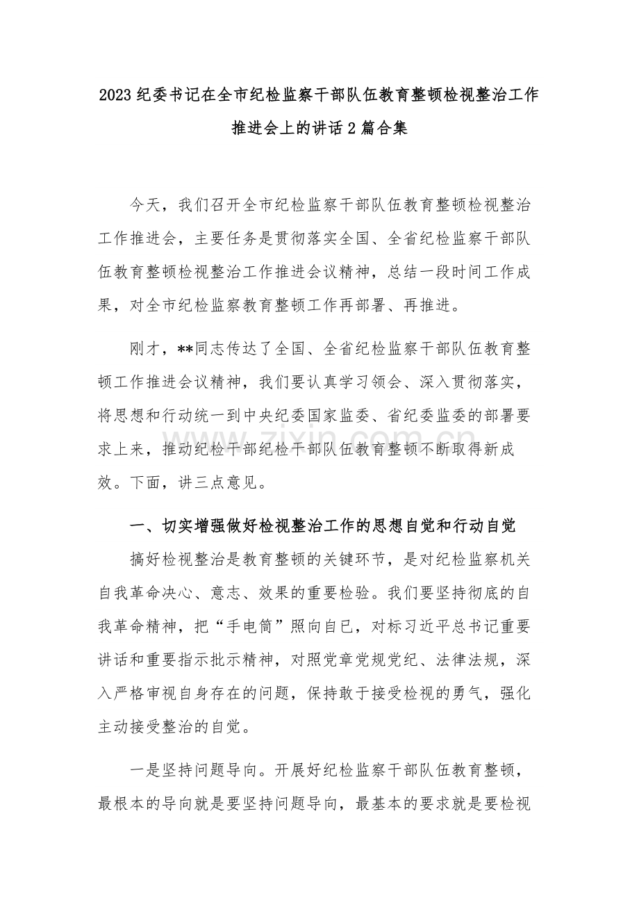 2023纪委书记在全市纪检监察干部队伍教育整顿检视整治工作推进会上的讲话2篇合集.docx_第1页