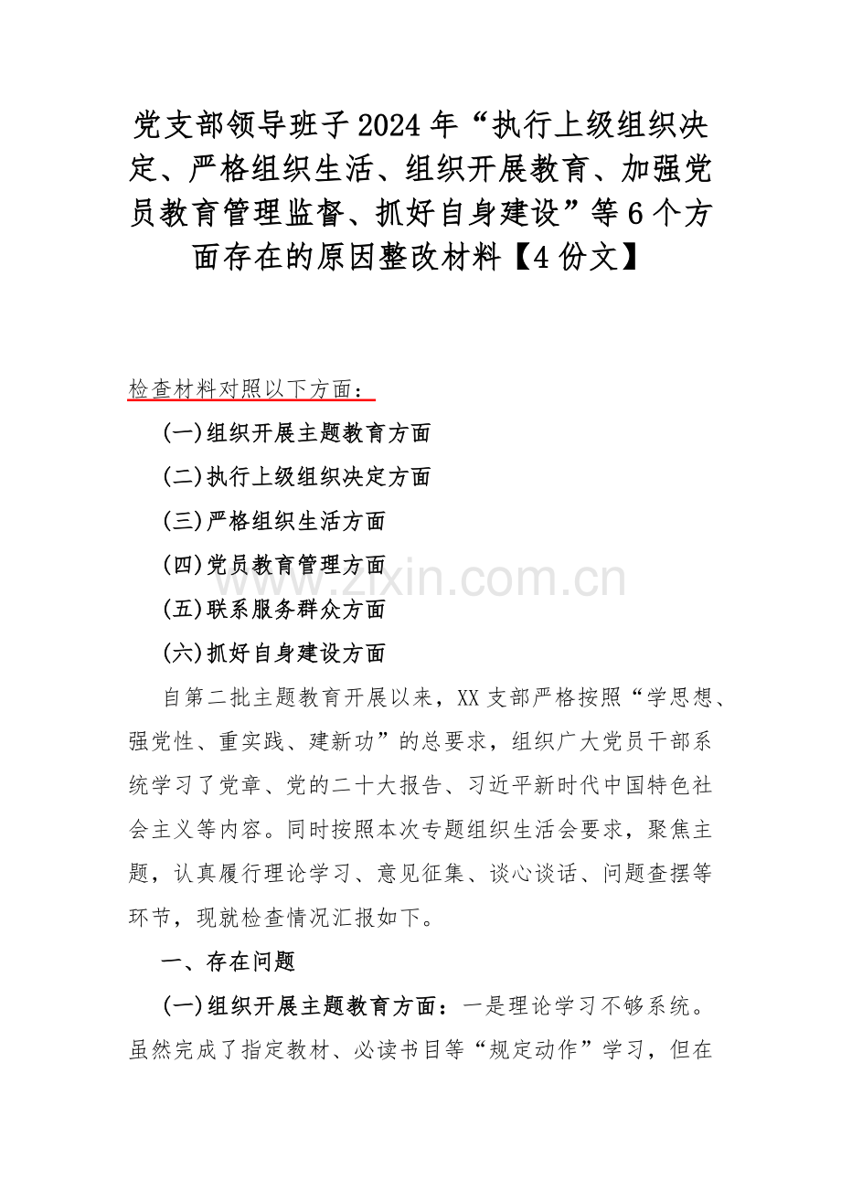 党支部领导班子2024年“执行上级组织决定、严格组织生活、组织开展教育、加强党员教育管理监督、抓好自身建设”等6个方面存在的原因整改材料【4份文】.docx_第1页