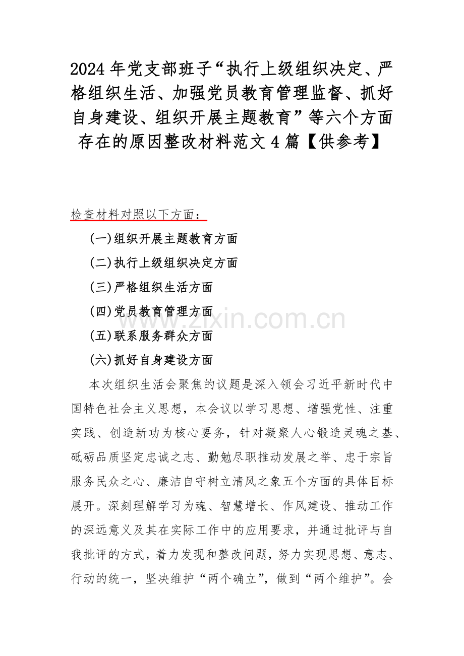 2024年党支部班子“执行上级组织决定、严格组织生活、加强党员教育管理监督、抓好自身建设、组织开展主题教育”等六个方面存在的原因整改材料范文4篇【供参考】.docx_第1页