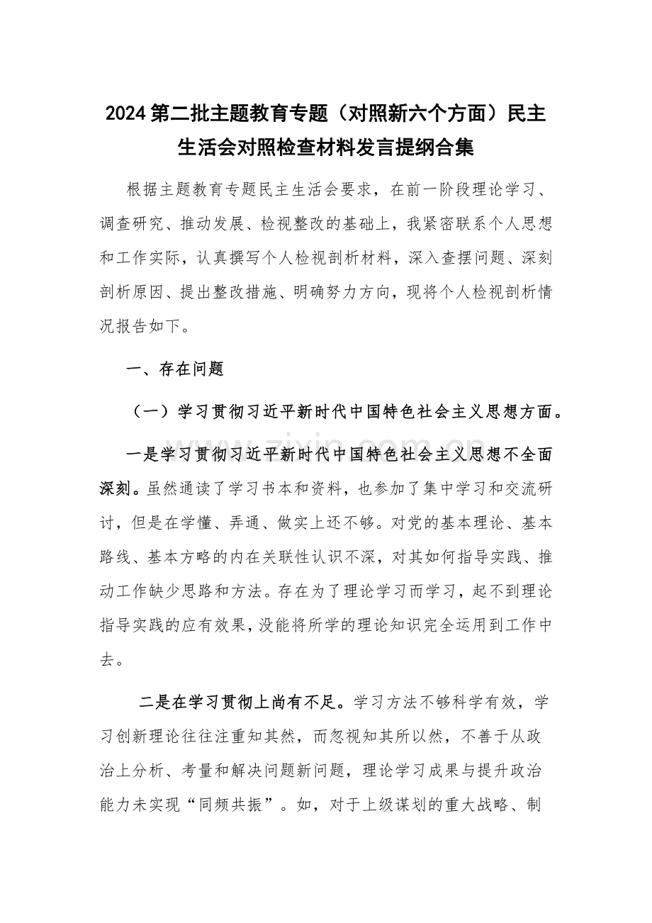 2024第二批主题教育专题（对照新六个方面）对照检查材料发言提纲合集.docx_第1页