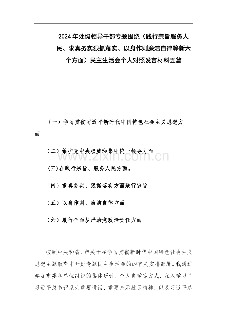 2024年处级领导干部专题围绕（践行宗旨服务人民、求真务实狠抓落实、以身作则廉洁自律等新六个方面）个人对照发言材料五篇.docx_第1页