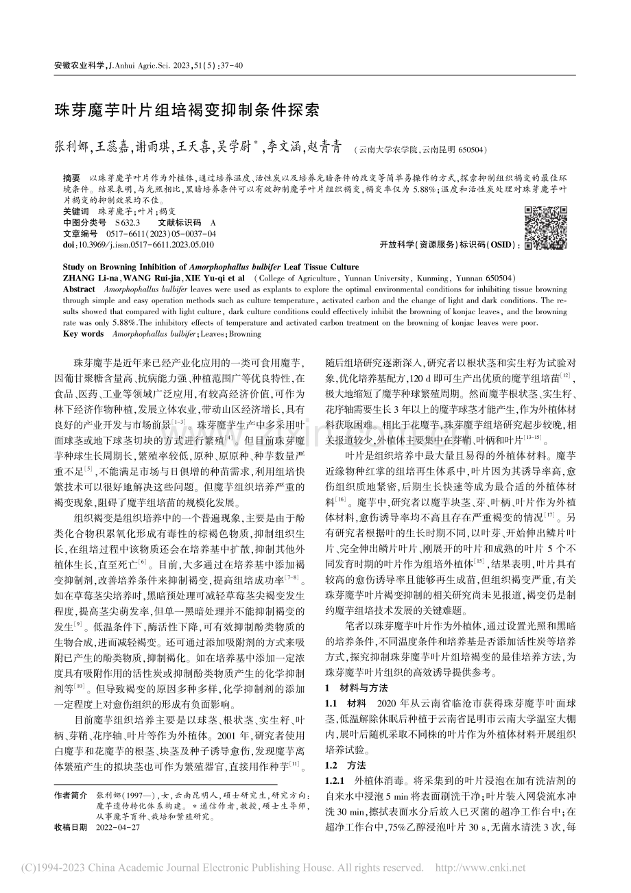 珠芽魔芋叶片组培褐变抑制条件探索_张利娜.pdf_第1页