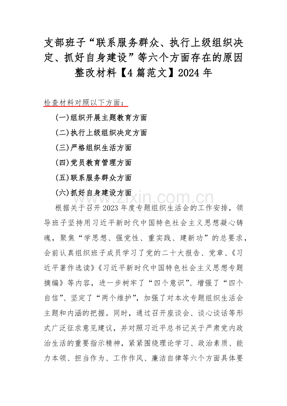 支部班子“联系服务群众、执行上级组织决定、抓好自身建设”等六个方面存在的原因整改材料【4篇范文】2024年.docx_第1页