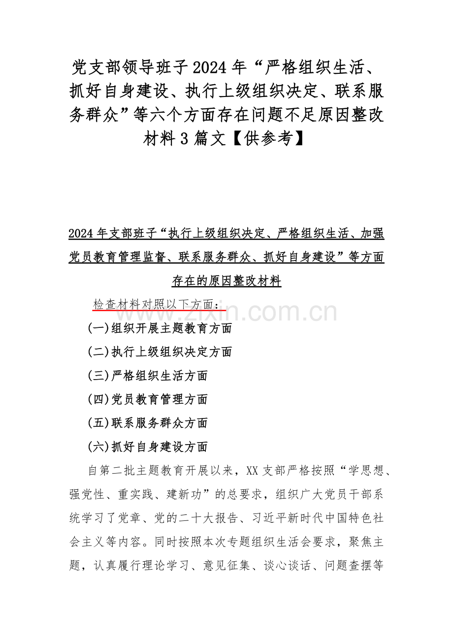 党支部领导班子2024年“严格组织生活、抓好自身建设、执行上级组织决定、联系服务群众”等六个方面存在问题不足原因整改材料3篇文【供参考】.docx_第1页