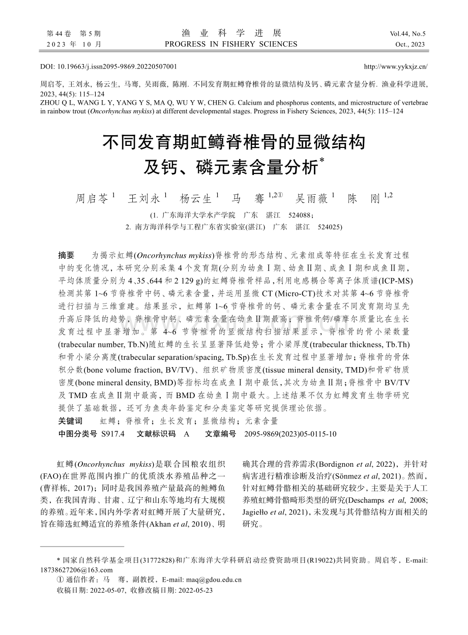 不同发育期虹鳟脊椎骨的显微结构及钙、磷元素含量分析.pdf_第1页