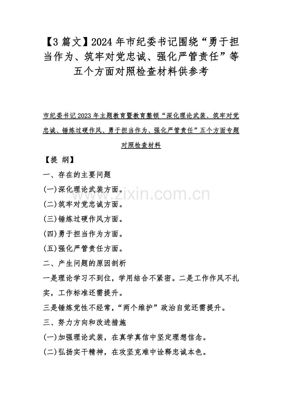 【3篇文】2024年市纪委书记围绕“勇于担当作为、筑牢对党忠诚、强化严管责任”等五个方面对照检查材料供参考.docx_第1页