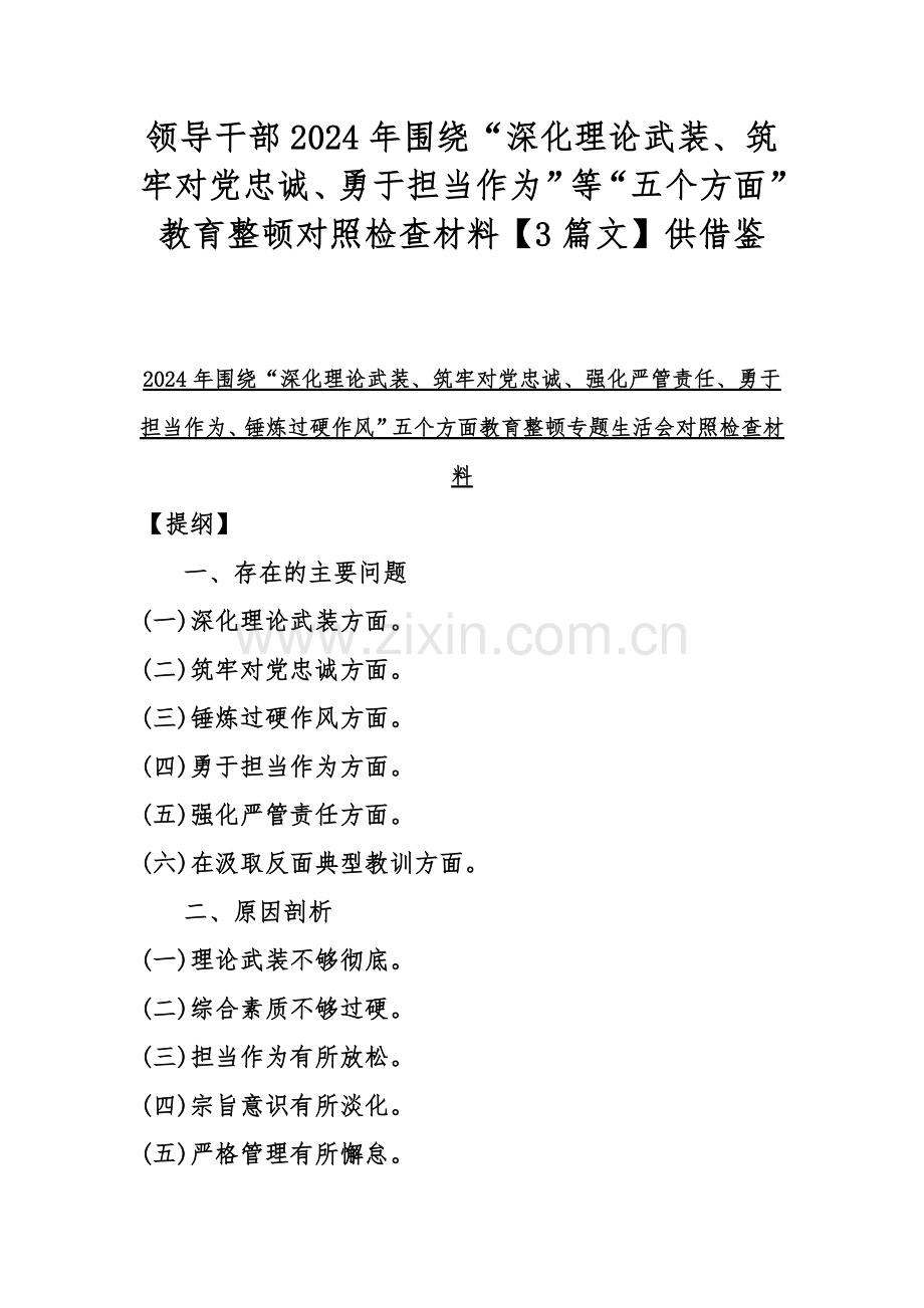 领导干部2024年围绕“深化理论武装、筑牢对党忠诚、勇于担当作为”等“五个方面”教育整顿对照检查材料【3篇文】供借鉴.docx_第1页