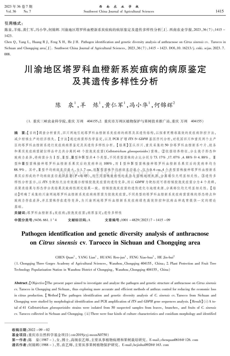 川渝地区塔罗科血橙新系炭疽病的病原鉴定及其遗传多样性分析.pdf_第1页