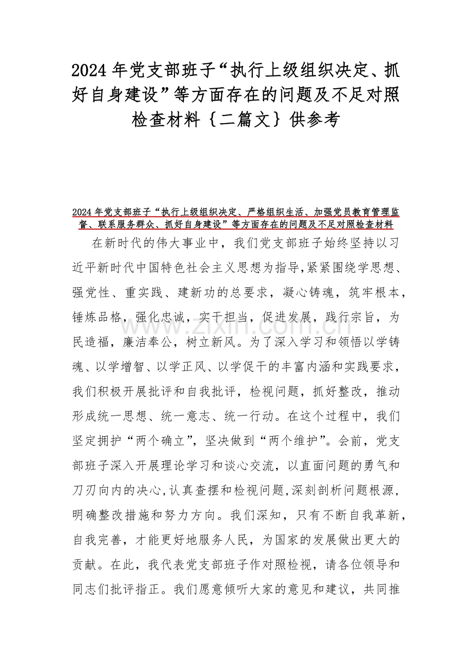 2024年党支部班子“执行上级组织决定、抓好自身建设”等方面存在的问题及不足对照检查材料｛二篇文｝供参考.docx_第1页