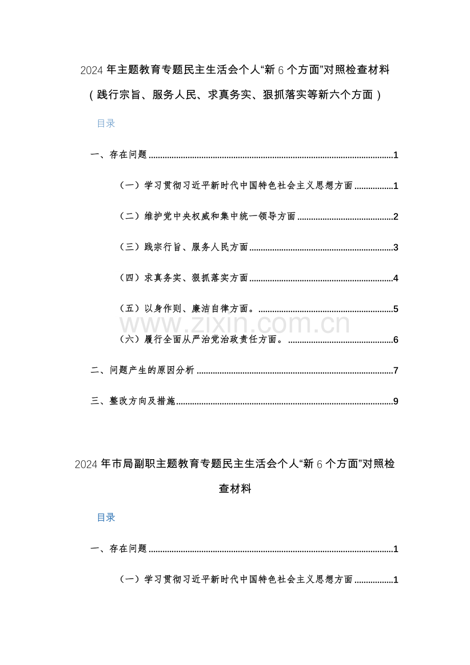 两篇：2024年主题教育专题个人“新6个方面”对照检查材料（践行宗旨、服务人民、求真务实、狠抓落实等新六个方面）.docx_第1页