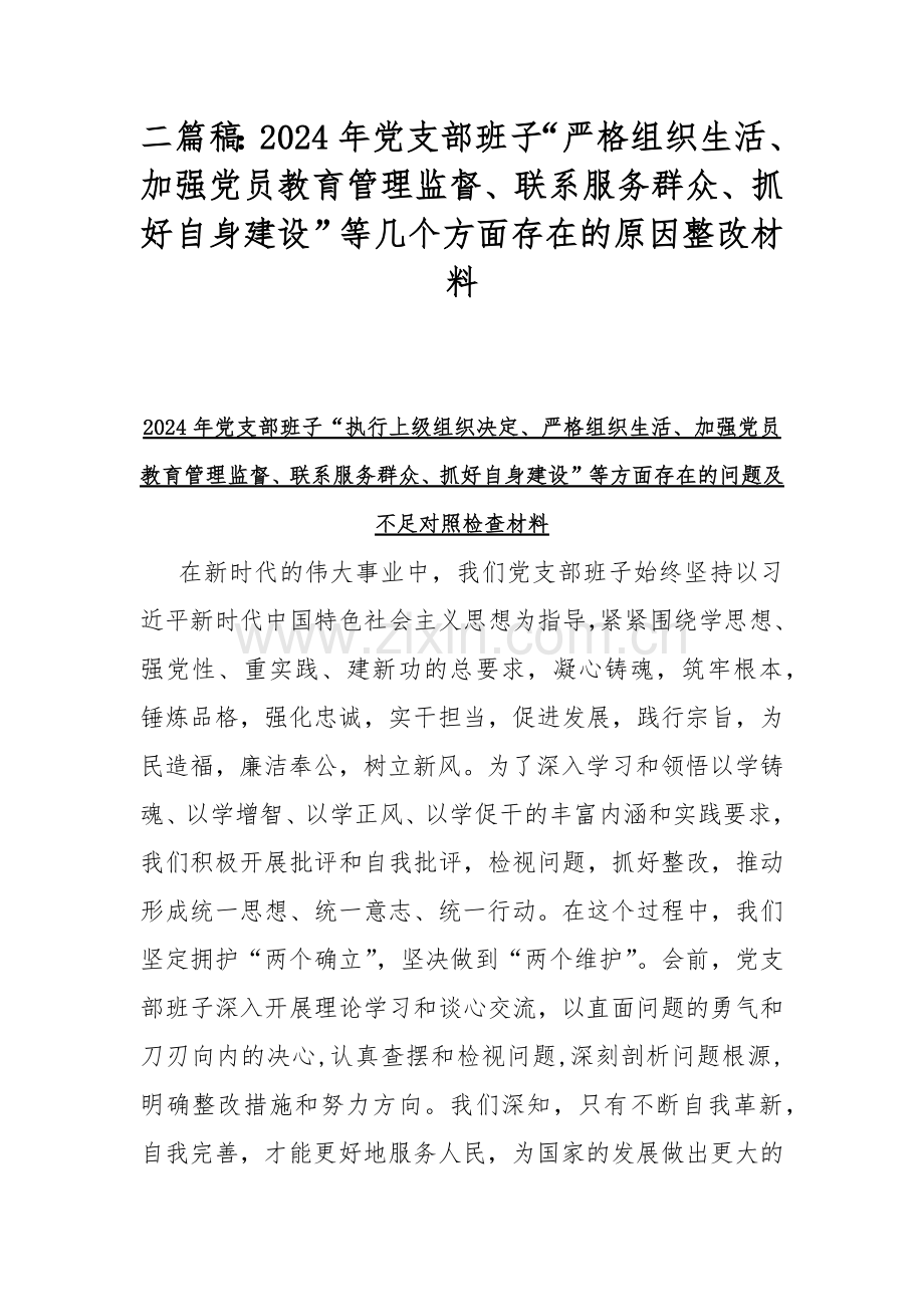 二篇稿：2024年党支部班子“严格组织生活、加强党员教育管理监督、联系服务群众、抓好自身建设”等几个方面存在的原因整改材料.docx_第1页