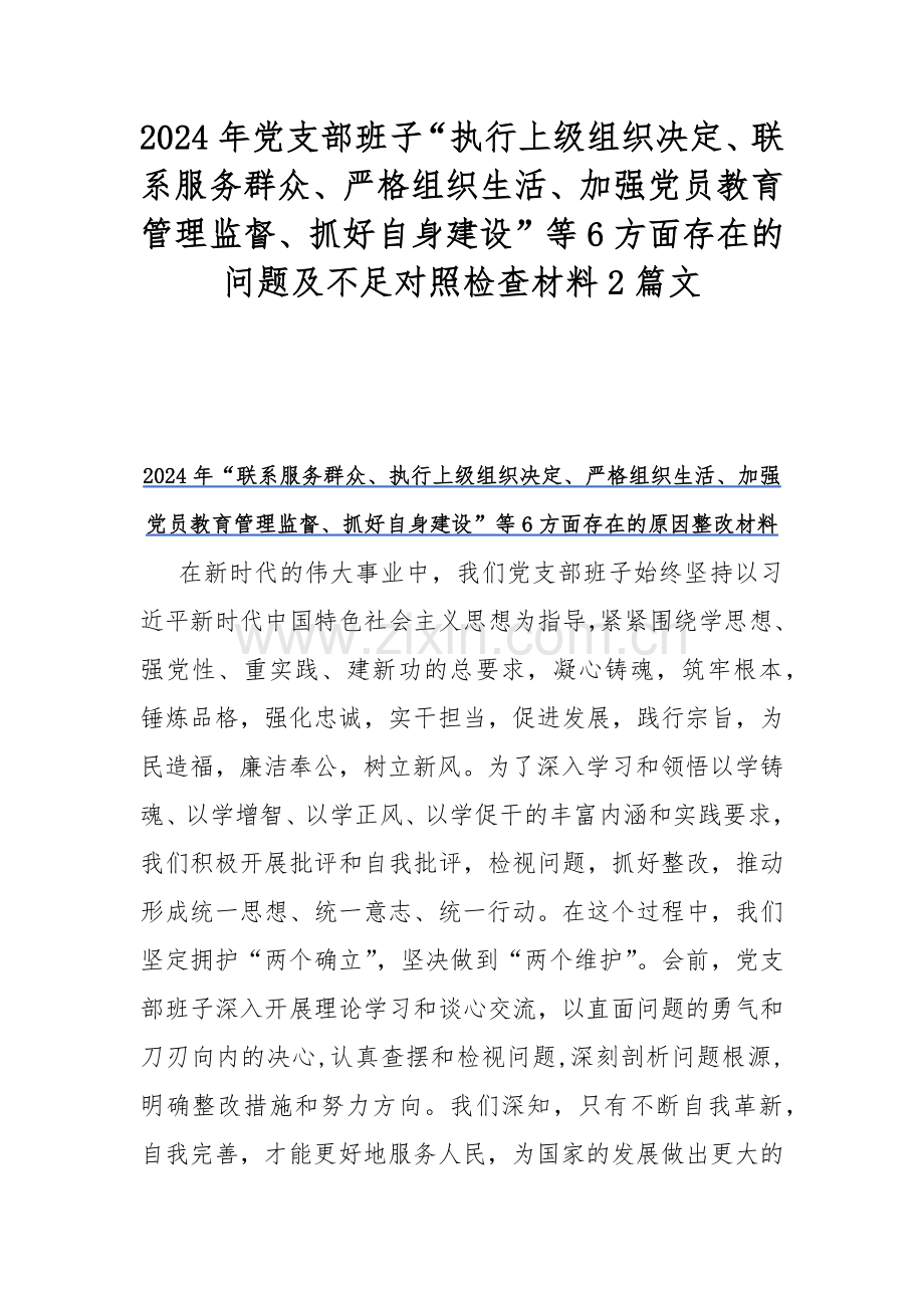 2024年党支部班子“执行上级组织决定、联系服务群众、严格组织生活、加强党员教育管理监督、抓好自身建设”等6方面存在的问题及不足对照检查材料2篇文.docx_第1页