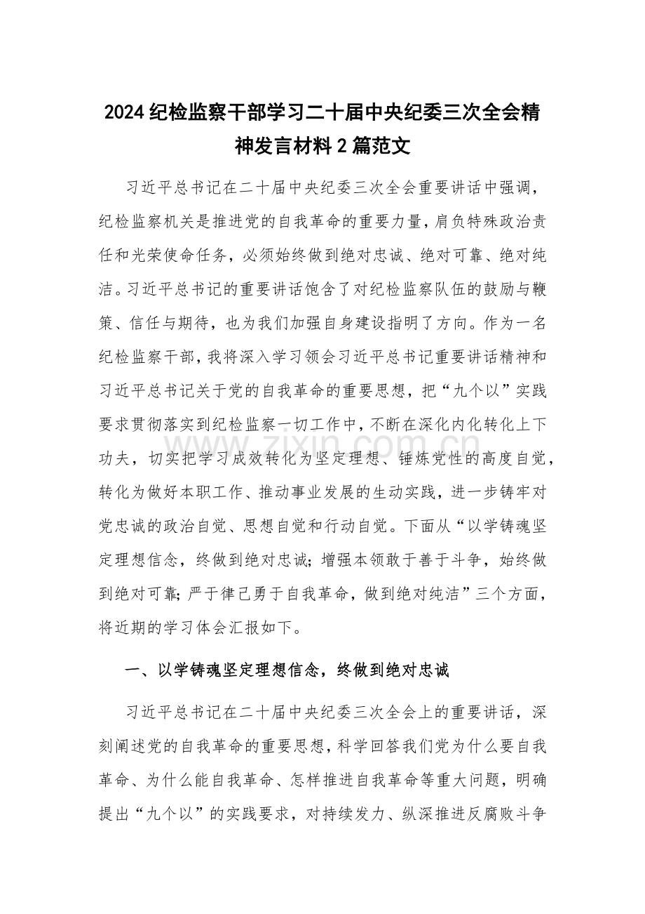 2024纪检监察干部学习二十届中央纪委三次全会精神发言材料2篇范文.docx_第1页