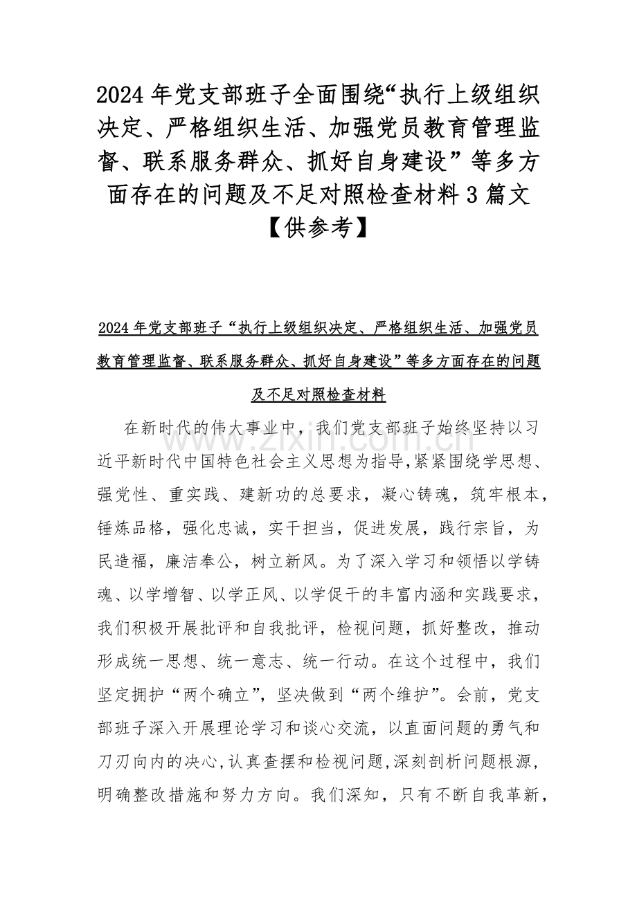 2024年党支部班子全面围绕“执行上级组织决定、严格组织生活、加强党员教育管理监督、联系服务群众、抓好自身建设”等多方面存在的问题及不足对照检查材料3篇文【供参考】.docx_第1页