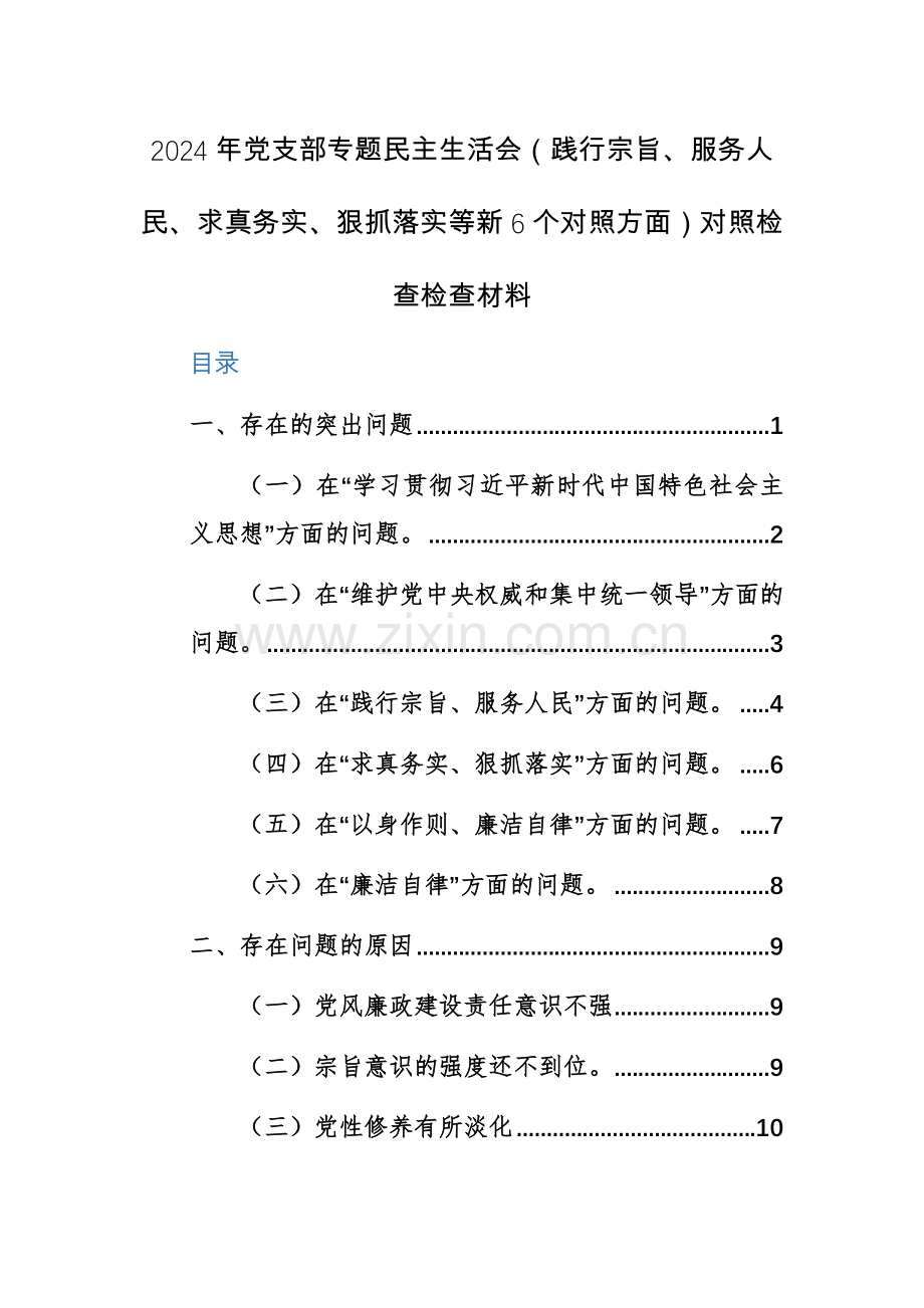 2024年党支部专题（践行宗旨、服务人民、求真务实、狠抓落实等新6个对照方面）对照检查检查材料范文.docx_第1页