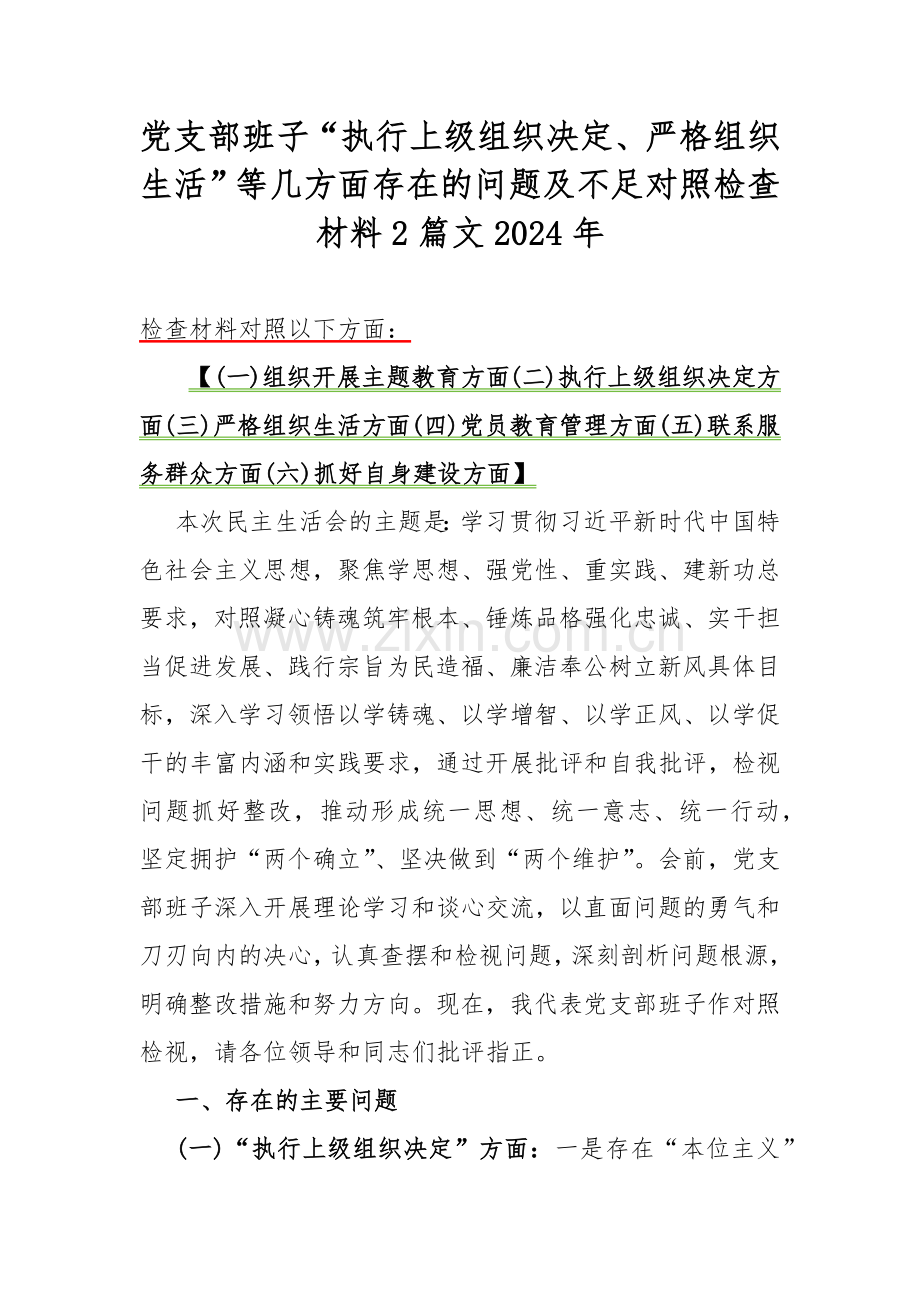 党支部班子“执行上级组织决定、严格组织生活”等几方面存在的问题及不足对照检查材料2篇文2024年.docx_第1页