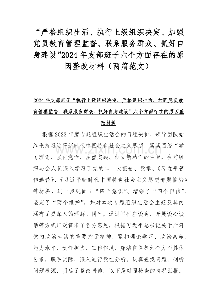 “严格组织生活、执行上级组织决定、加强党员教育管理监督、联系服务群众、抓好自身建设”2024年支部班子六个方面存在的原因整改材料（两篇范文）.docx_第1页