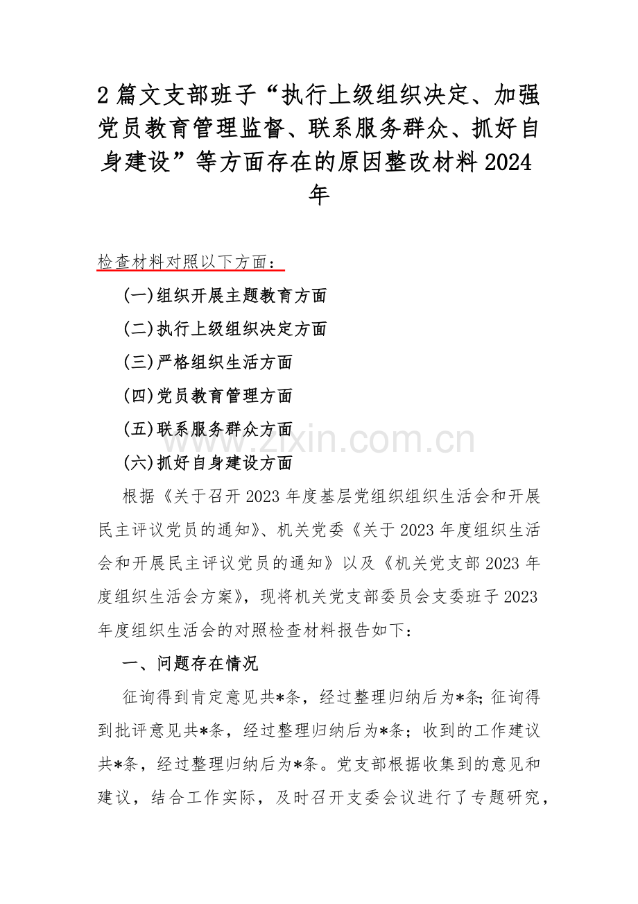 2篇文支部班子“执行上级组织决定、加强党员教育管理监督、联系服务群众、抓好自身建设”等方面存在的原因整改材料2024年.docx_第1页