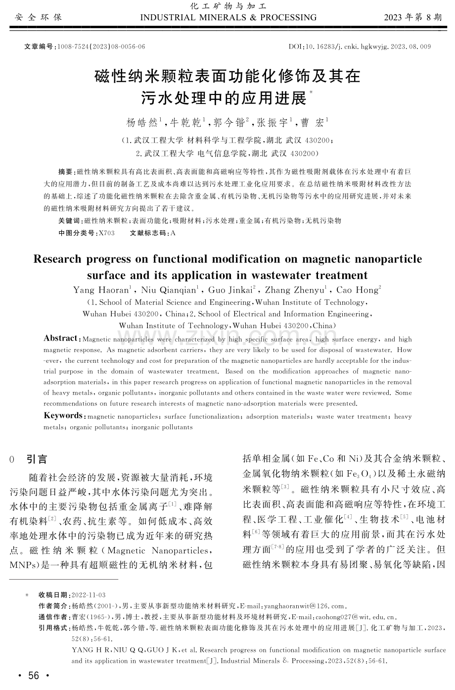 磁性纳米颗粒表面功能化修饰及其在污水处理中的应用进展.pdf_第1页