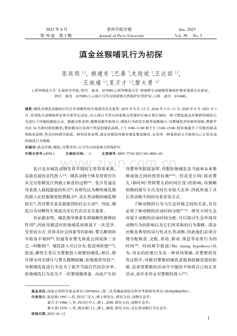 滇金丝猴哺乳行为初探.pdf_第1页