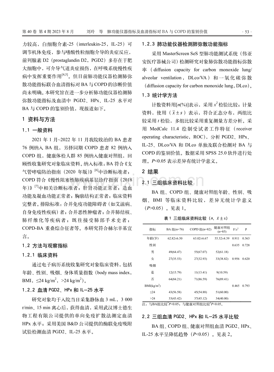 肺功能仪器指标及血清指标对BA与COPD的鉴别价值.pdf_第2页