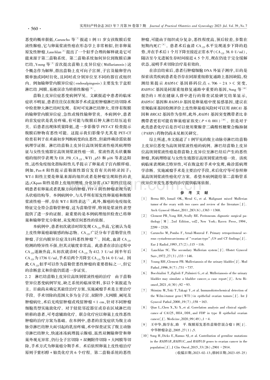 腹主动脉旁淋巴结苗勒上皮异位高级别浆液性癌1例.pdf_第2页