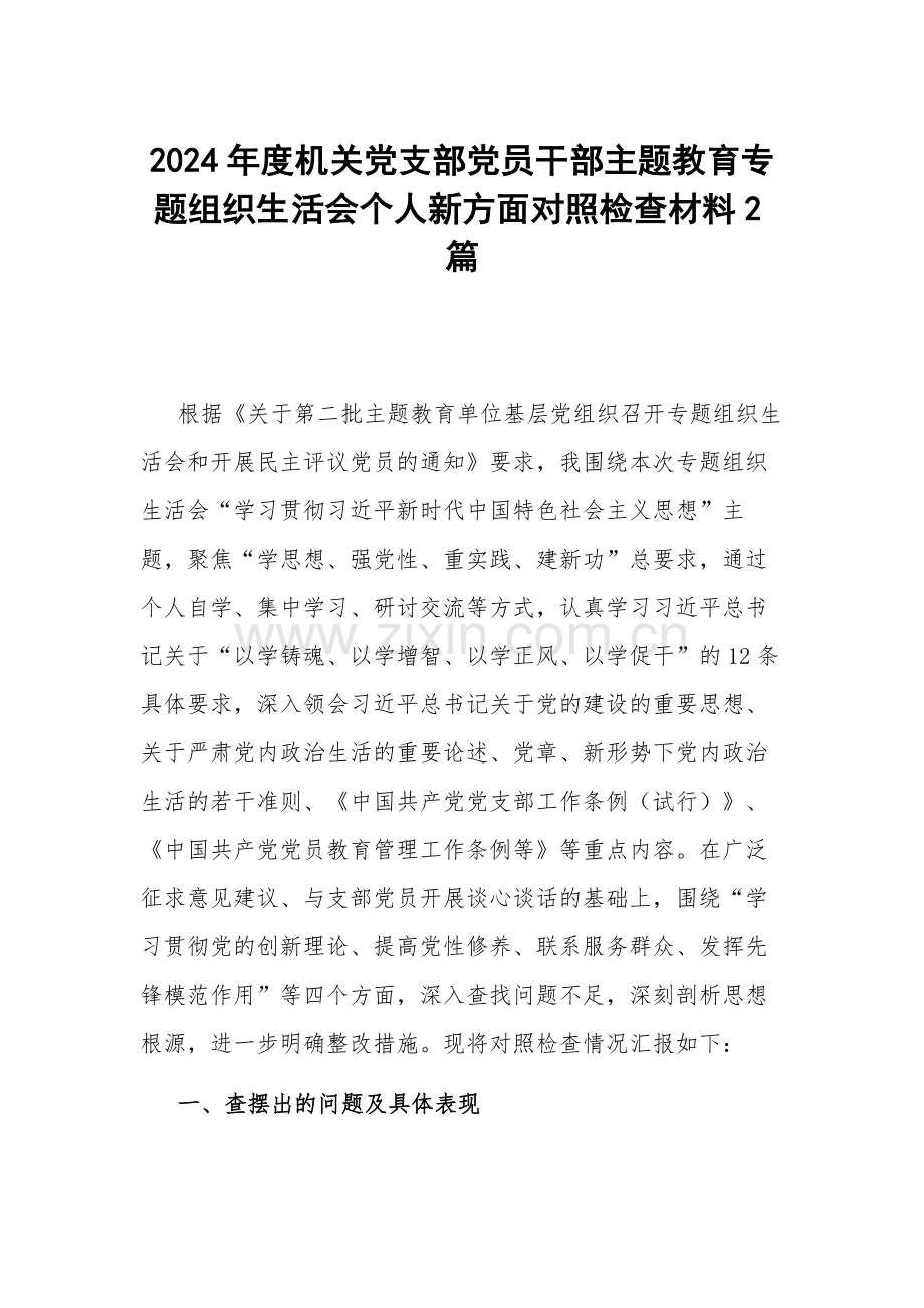 2024年度机关党支部党员干部主题教育专题组织生活会个人新方面对照检查材料2篇.docx_第1页