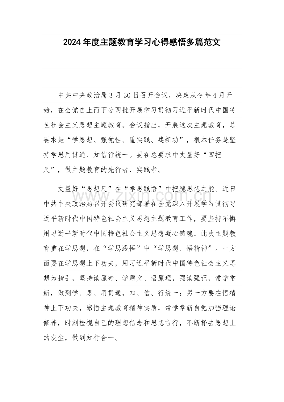 2024年度主题教育学习心得感悟多篇范文.docx_第1页