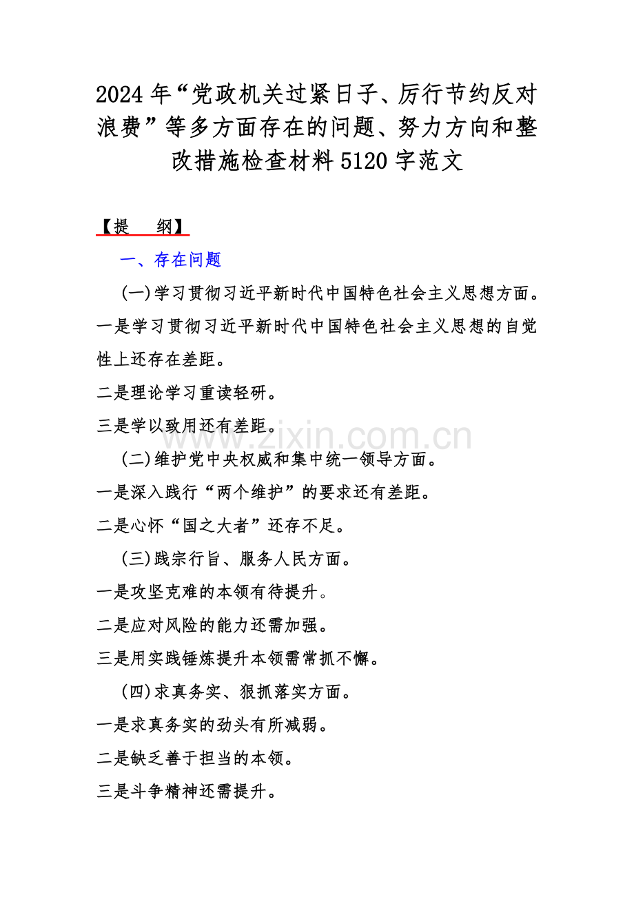 2024年“党政机关过紧日子、厉行节约反对浪费”等多方面存在的问题、努力方向和整改措施检查材料5120字范文.docx_第1页