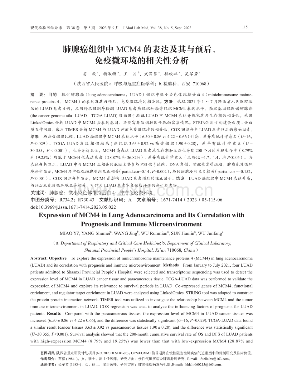 肺腺癌组织中MCM4的表达及其与预后、免疫微环境的相关性分析.pdf_第1页