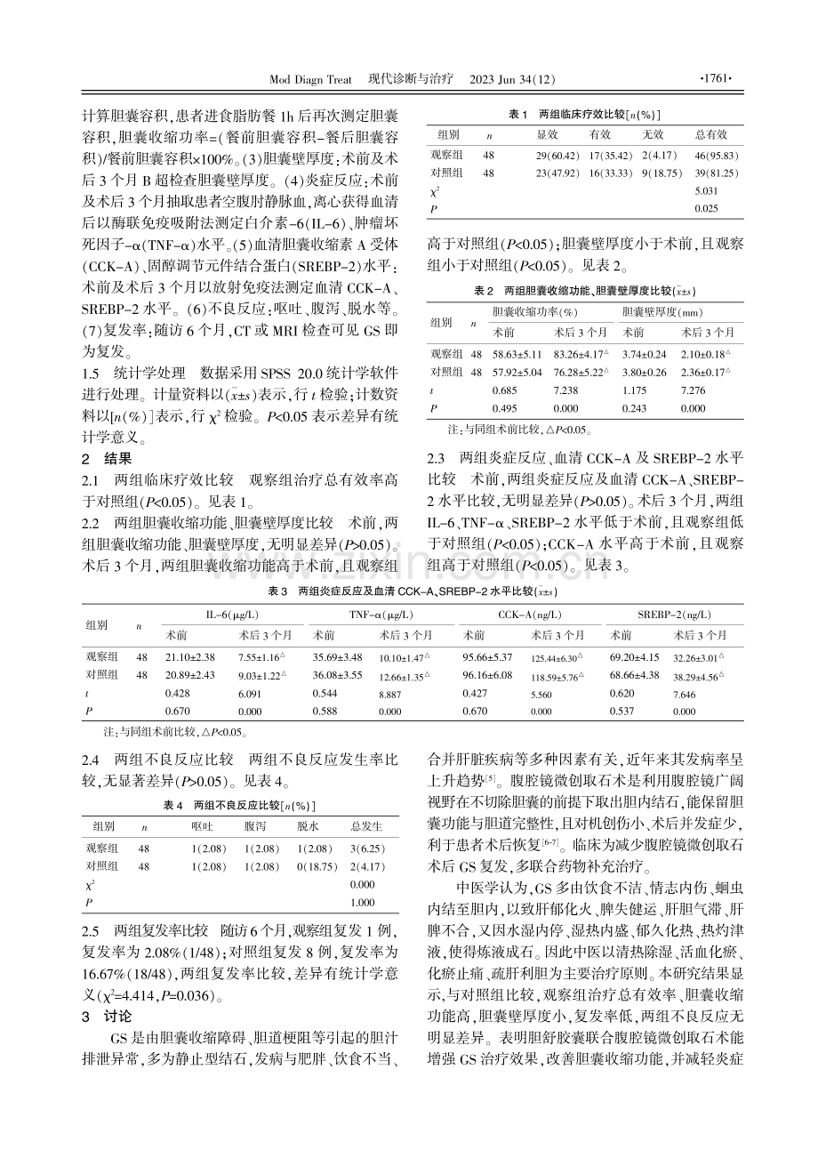 胆舒胶囊联合腹腔镜微创取石术对胆囊结石患者胆囊收缩功能及炎症反应的影响观察.pdf_第2页