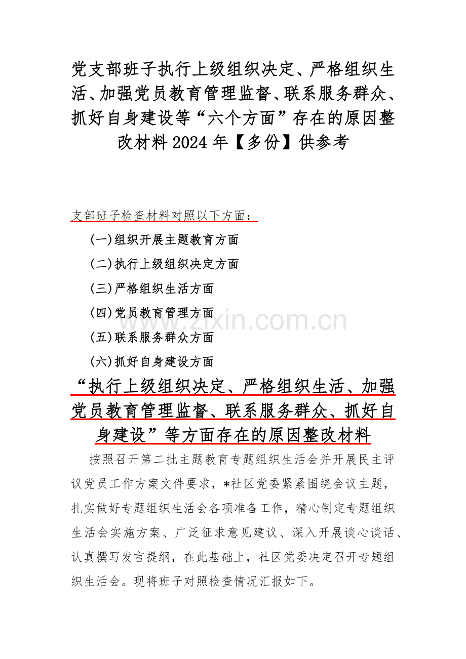 党支部班子执行上级组织决定、严格组织生活、加强党员教育管理监督、联系服务群众、抓好自身建设等“六个方面”存在的原因整改材料2024年【多份】供参考.docx_第1页