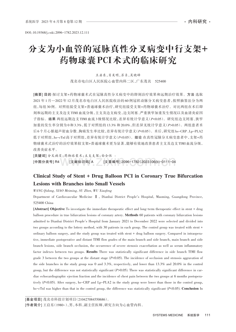 分支为小血管的冠脉真性分叉病变中行支架 药物球囊PCI术式的临床研究.pdf_第1页