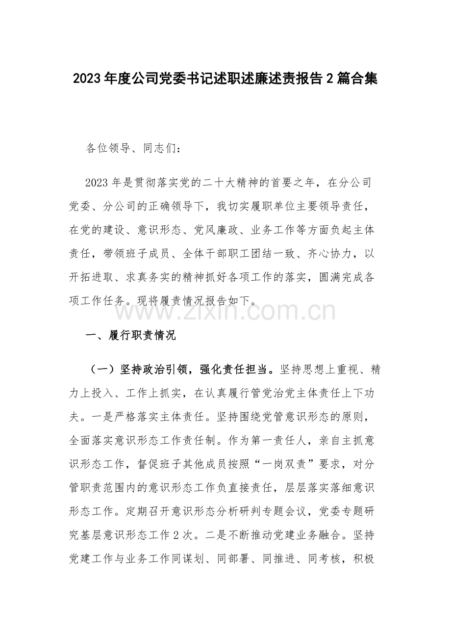 2023年度公司党委书记述职述廉述责报告2篇合集.docx_第1页