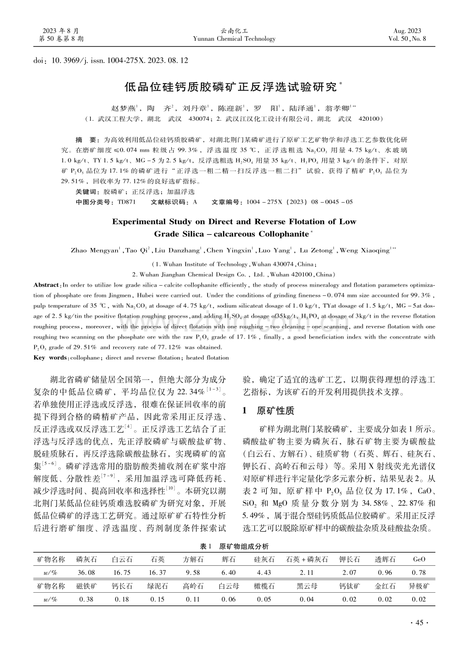 低品位硅钙质胶磷矿正反浮选试验研究.pdf_第1页