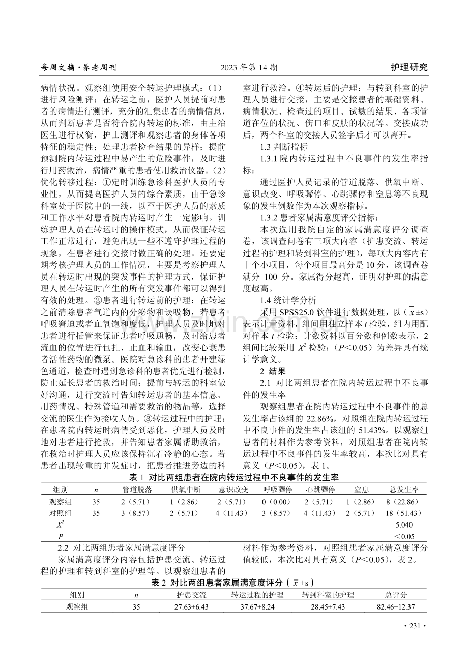 分析院内转运时急诊科危重患者采用安全转运护理模式的效果.pdf_第2页