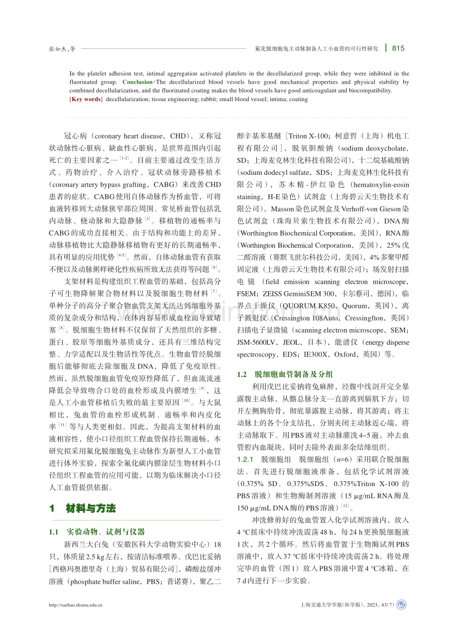 氟化脱细胞兔主动脉制备人工小血管的可行性研究.pdf_第2页