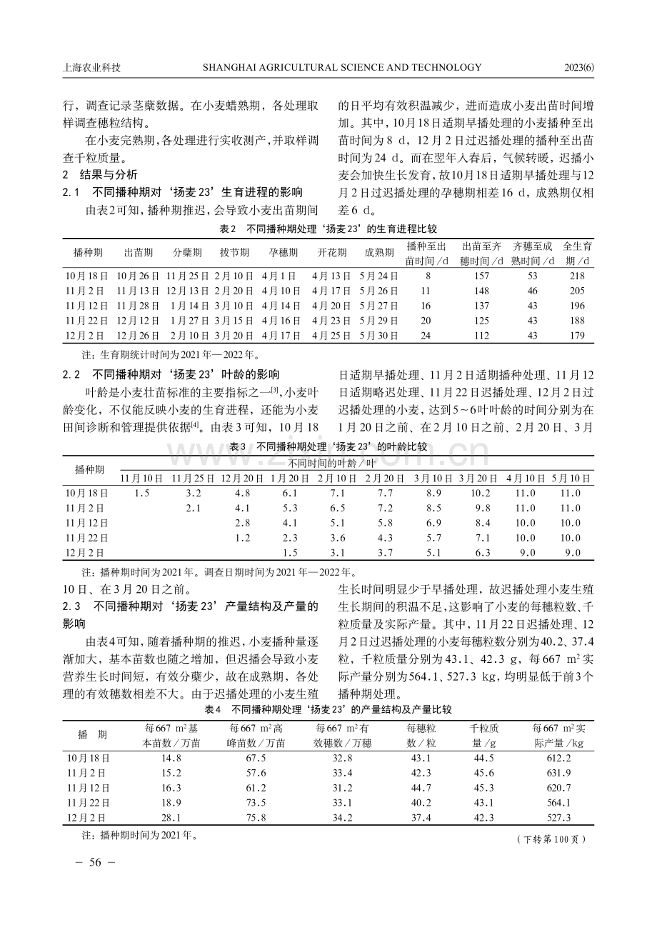 ‘扬麦23’在东台市种植的适宜播种期筛选试验初报.pdf_第2页