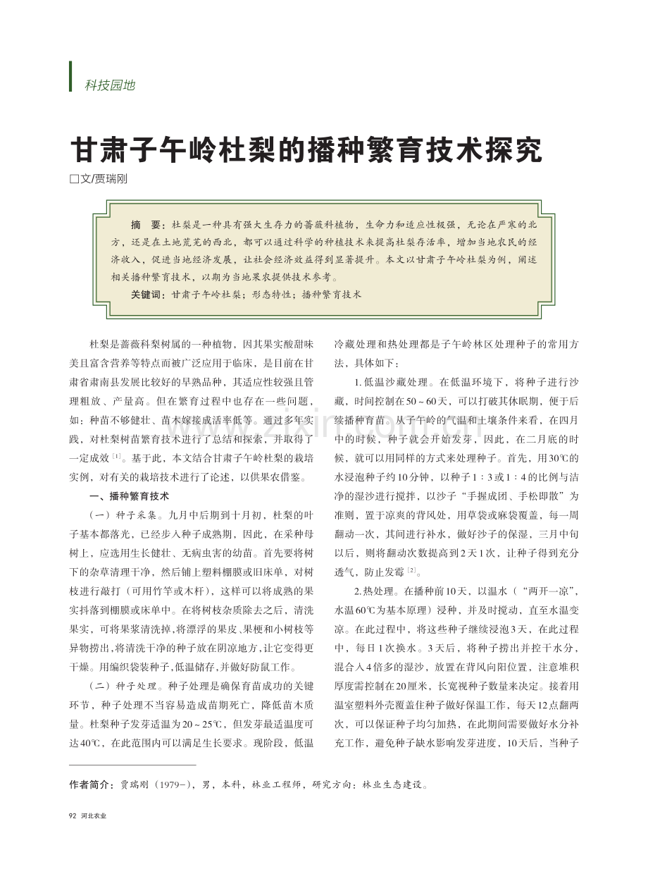 甘肃子午岭杜梨的播种繁育技术探究.pdf_第1页