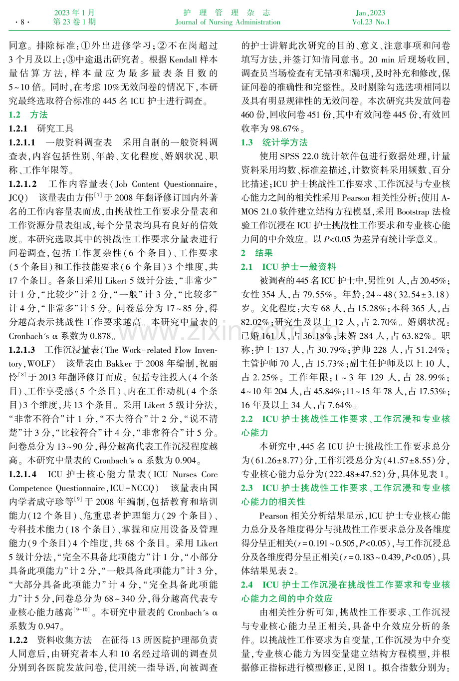 工作沉浸在ICU护士挑战性工作要求和专业核心能力间的中介作用.pdf_第2页