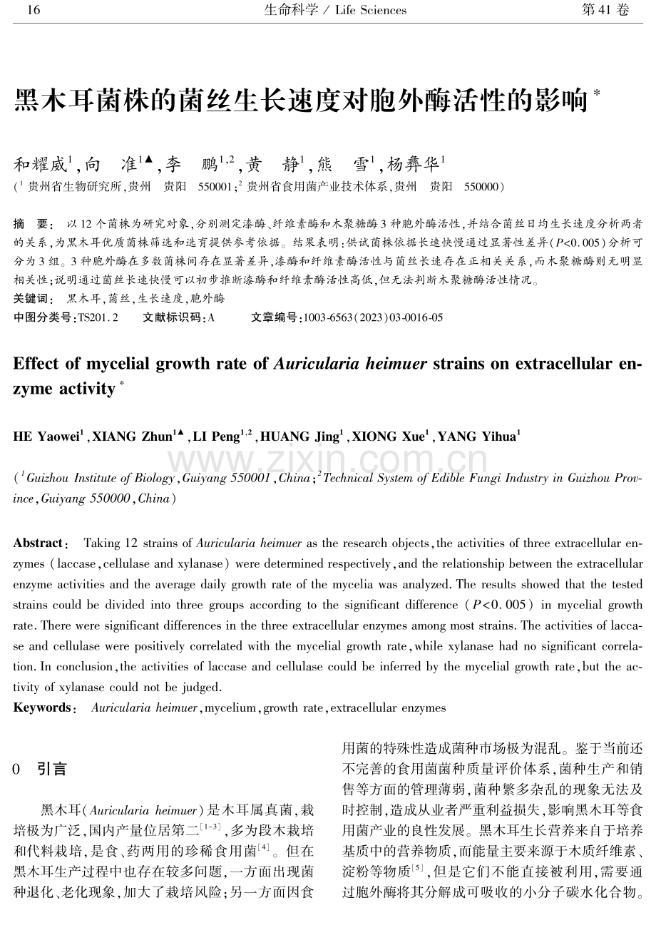 黑木耳菌株的菌丝生长速度对胞外酶活性的影响.pdf_第1页