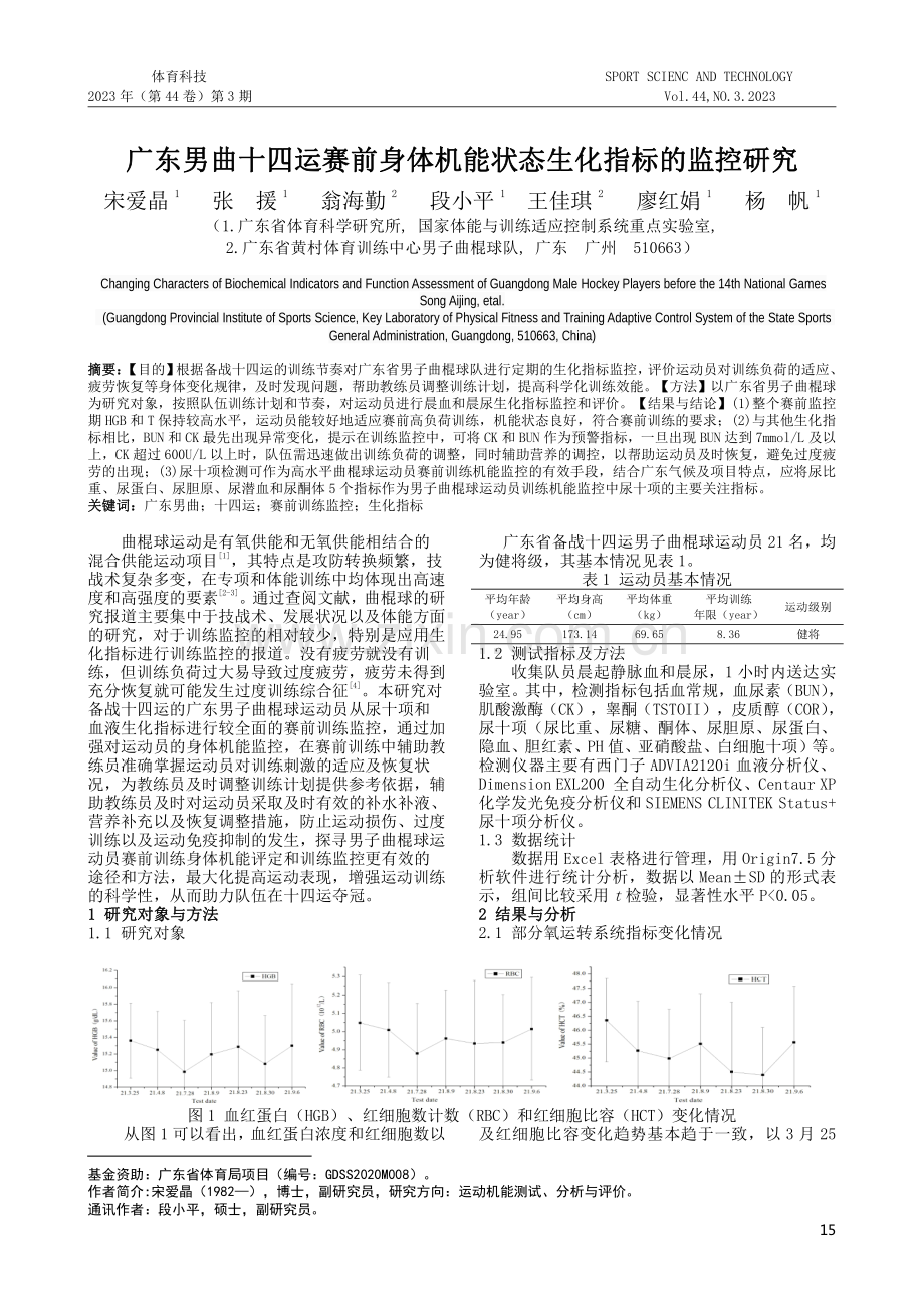 广东男曲十四运赛前身体机能状态生化指标的监控研究.pdf_第1页