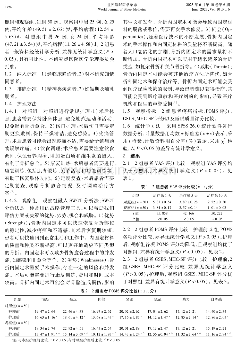 骨折内固定术后SWOT分析法疼痛护理效果及对睡眠质量的影响.pdf_第2页