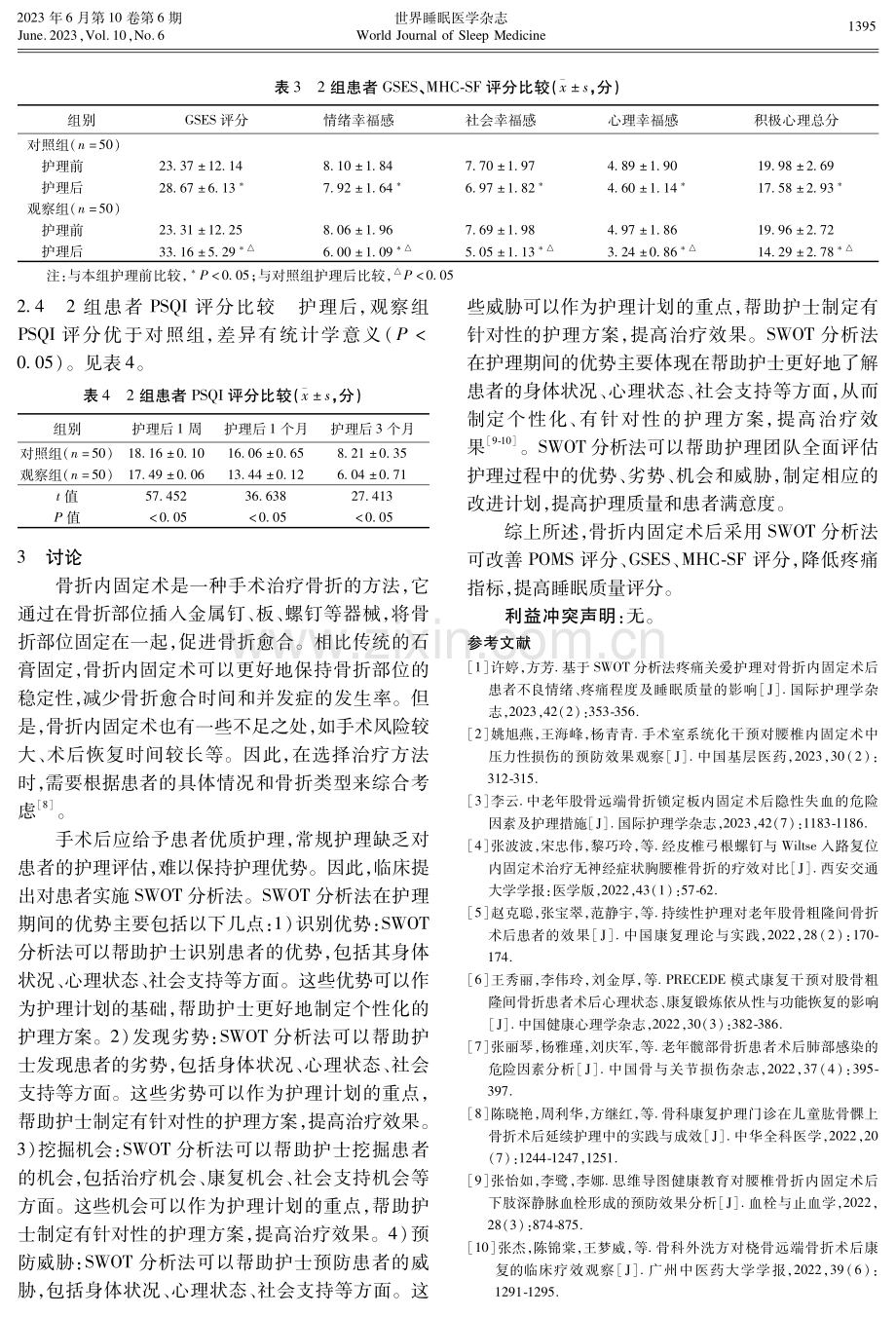 骨折内固定术后SWOT分析法疼痛护理效果及对睡眠质量的影响.pdf_第3页