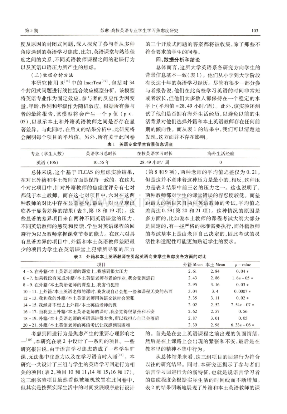 高校英语专业学生学习焦虑度研究——基于本土与外籍英语教师对学生影响的比较.pdf_第3页