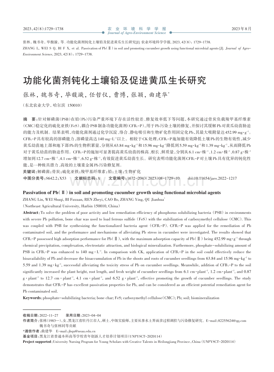 功能化菌剂钝化土壤铅及促进黄瓜生长研究.pdf_第1页