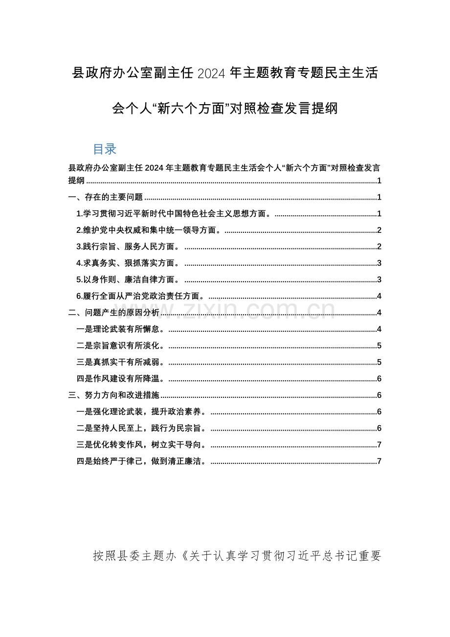 办公室副主任2024年主题教育专题个人“新六个方面”对照检查发言提纲范文.docx_第1页