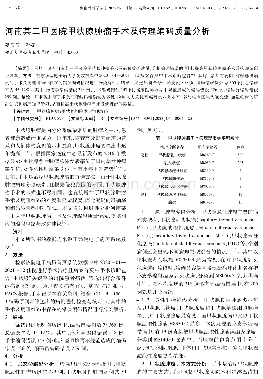 河南某三甲医院甲状腺肿瘤手术及病理编码质量分析.pdf_第1页