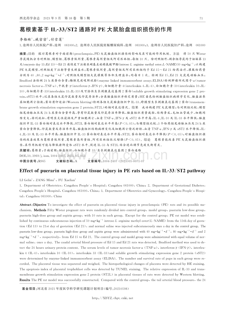 葛根素基于IL-33_ST2通路对PE大鼠胎盘组织损伤的作用.pdf_第1页