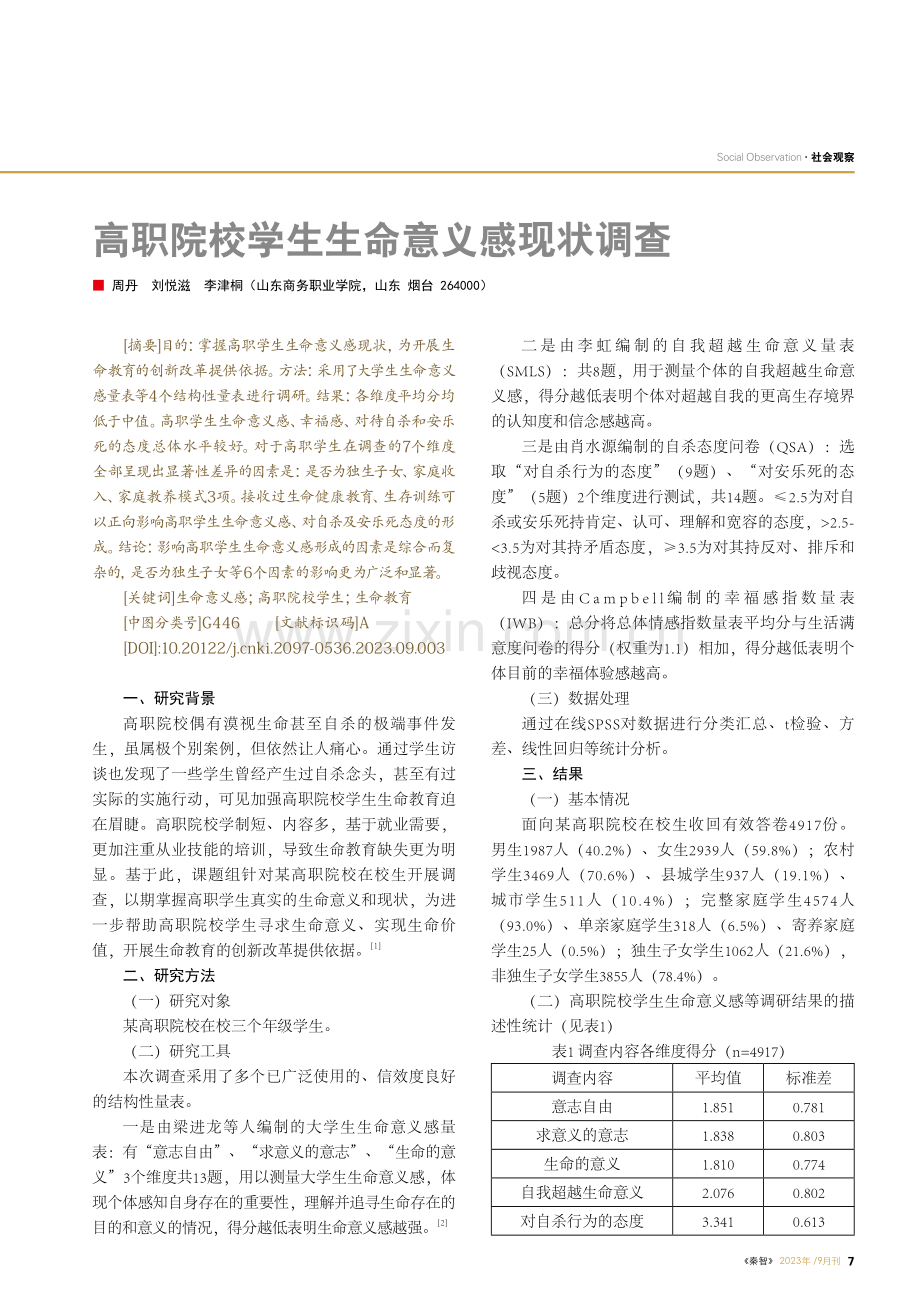 高职院校学生生命意义感现状调查.pdf_第1页